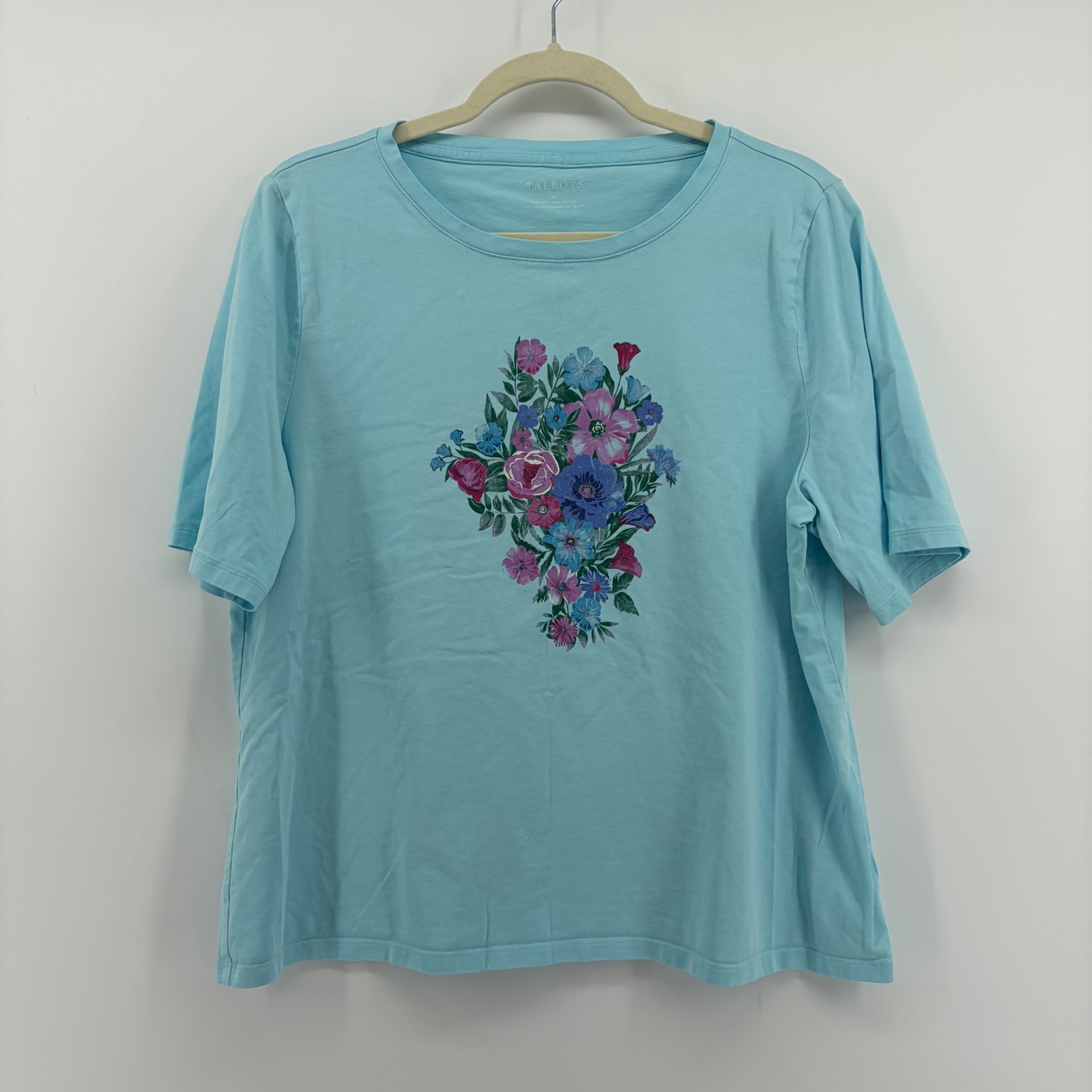 Talbots Womens Xl T Shirt Turquoise Blue Floral Graphic Tee Cotton Short Sleeve